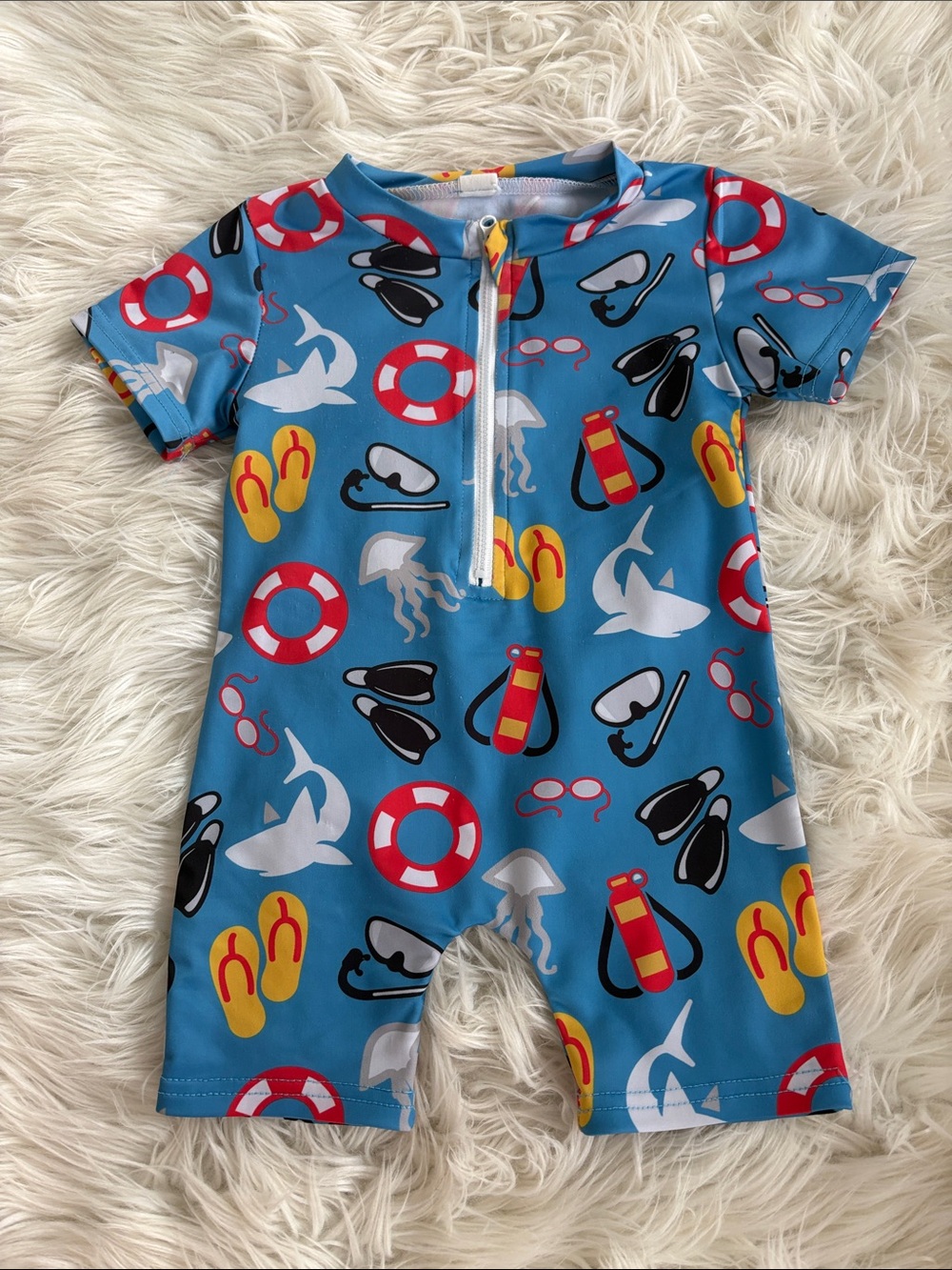 Blue Kids One-Piece Swimsuit with Beach Print